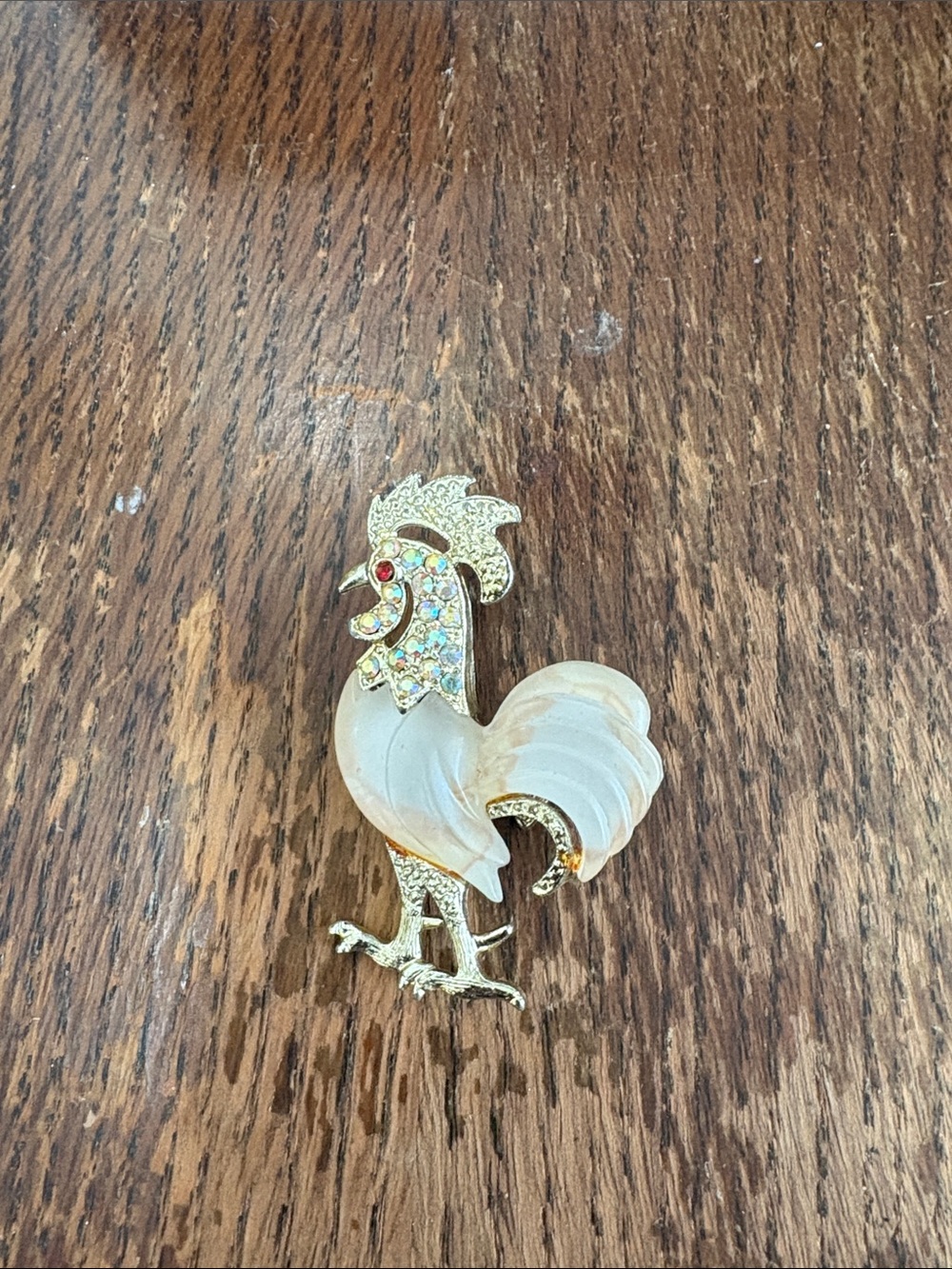 Gold-Tone White Rooster Brooch with Crystal Accents